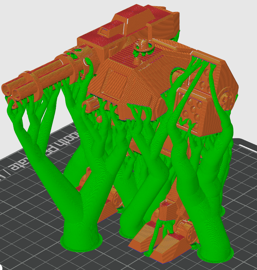 BattleMech model in Bambu Studio slicer showing support structure layout